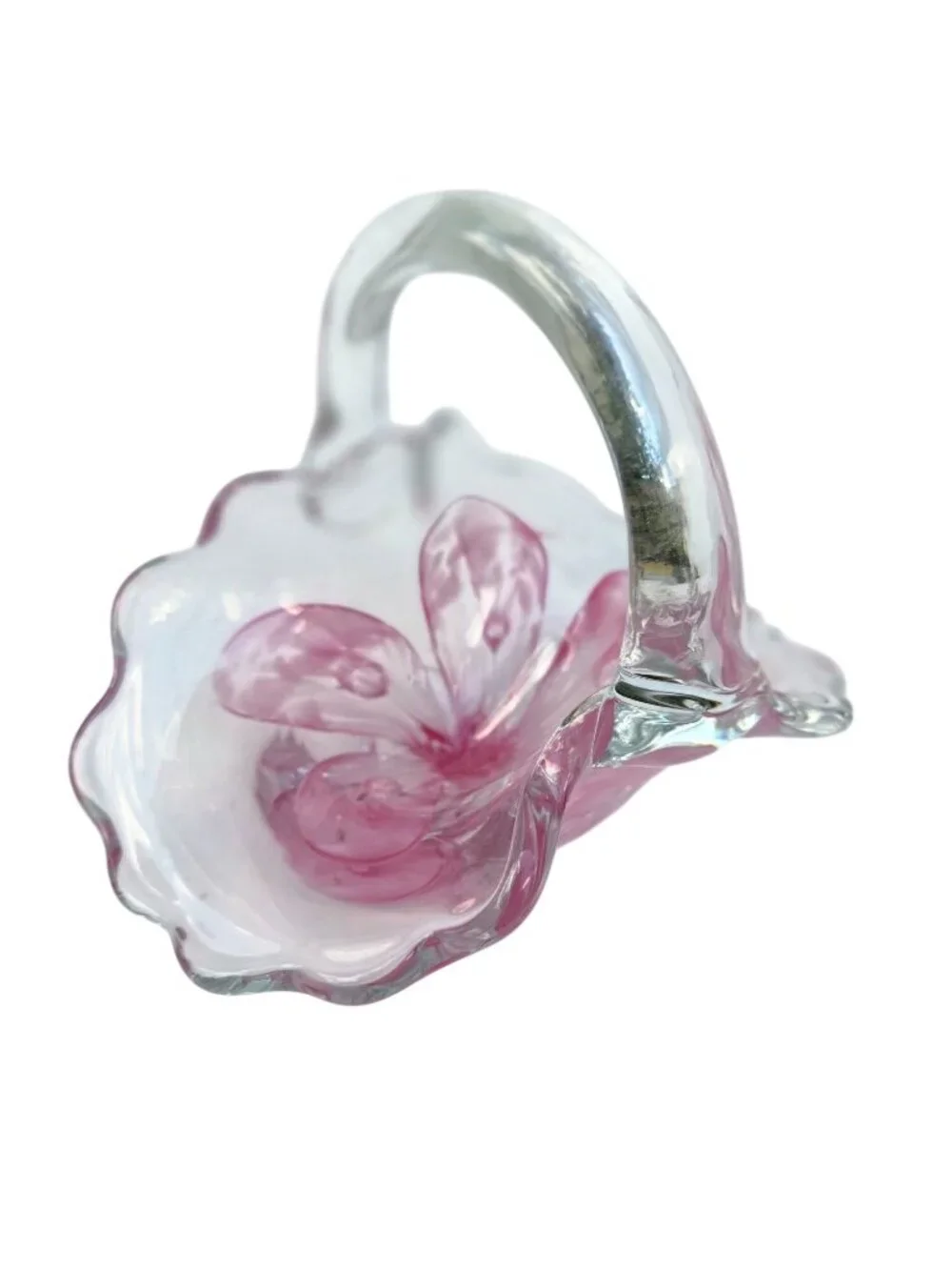 Kerry Zimmerman 1989 Handcrafted Glass Basket With Pink Floral Design